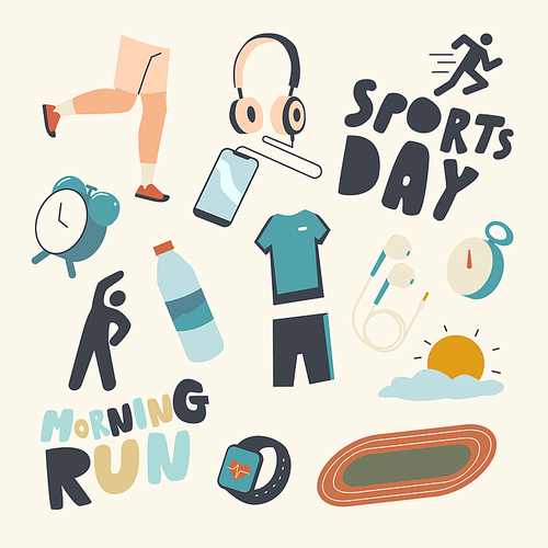 Set of Icons Morning Run Theme. Sports Running Exercising Equipment Sportswear, Smart Watch, Water Bottle and Stopwatch, Stadium, Headset and Wireless Buds, Sun and Cloud. Linear Vector Illustration