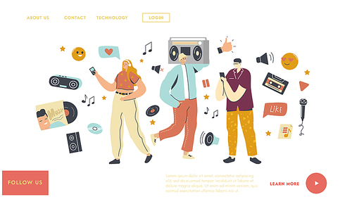 Young People Listen Playlist Landing Page Template. Characters in Headphones Enjoying Sound Composition on Music Player or Mobile Phone Application, Relaxing People. Cartoon Vector Illustration