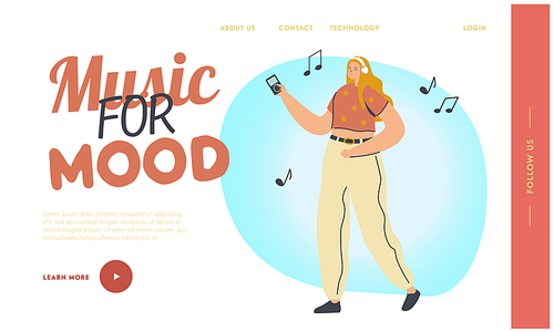 Woman Listen Music on Player or Mobile Phone App Landing Page Template . Female Character in Headphones Enjoying Sound Compositions in Playlist Collection and Relaxing. Cartoon Vector Illustration