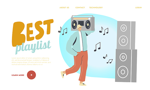 Best Playlist Landing Page Template. Male Character Holding Huge Record Player Stand at Dynamics Enjoying Music at Home. Entertainment Leisure and Recreation Hobby Concept. Cartoon Vector Illustration
