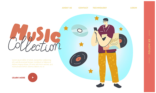 Music Collection Landing Page Template. Young Man Listen Playlist on Mobile Phone Application. Male Character Enjoying Sound Composition Collection, Relaxing Hobby Concept. Cartoon Vector Illustration