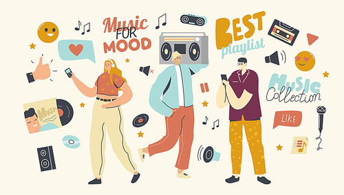 Young People Listen Playlist with Sound Composition on Music Player or Mobile Phone Application. Male and Female Characters Wearing Headphones Enjoying and Relaxing. Cartoon People Vector Illustration