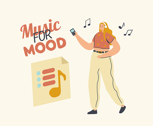 Young Woman Listen Music on Player or Mobile Phone Application. Female Character Wearing Headphones Enjoying Sound Compositions in Playlist Collection Dancing and Relaxing. Cartoon Vector Illustration