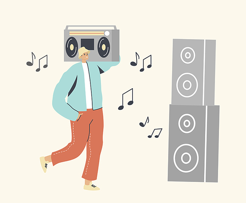 Male Character Holding Huge Record Player Stand at Dynamics Enjoying Music Playlist at Home, Karaoke Bar or Night Club. Entertainment Leisure and Recreation Hobby Concept. Cartoon Vector Illustration