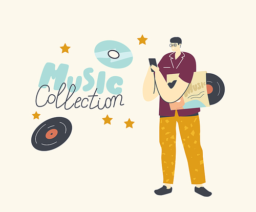 Young Man with Vinyl or Cd Disk Listen Music Collection Playlist on Mobile Phone Application. Male Character Enjoying Sound Composition Collection, Relaxing Hobby Concept. Cartoon Vector Illustration