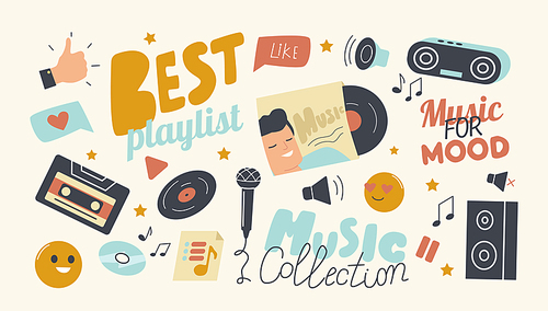 Set of Icons Best Playlist for Music Collection Theme. Hand Thumb Up Gesture, Vinyl and Cd Disk, Dynamics and Record Player with Tape or Microphone and Smiling Emoji. Cartoon Vector Illustration