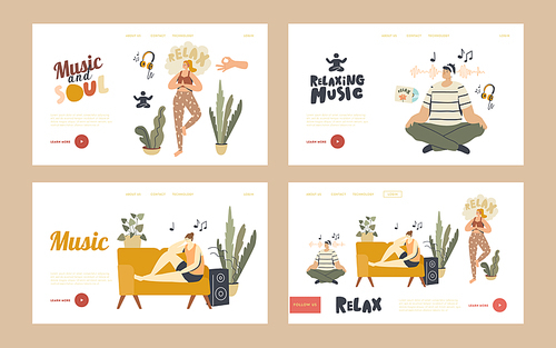People Meditating Listen Relaxing Music at Home Landing Page Template Set. Characters Sit in Yoga Lotus Pose, Lying on Sofa. Healthy Lifestyle, Relaxation Emotional Balance. Linear Vector Illustration