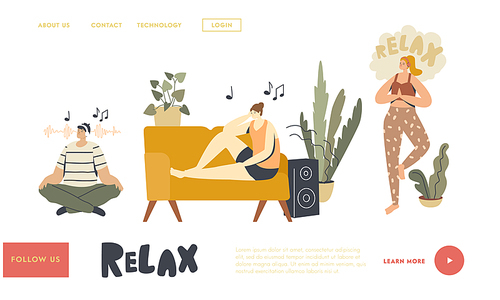 People Meditating Listening Relaxing Music at Home Landing Page Template. Characters Sit in Yoga Lotus Pose, Lying on Sofa. Healthy Lifestyle, Relaxation Emotional Balance. Linear Vector Illustration