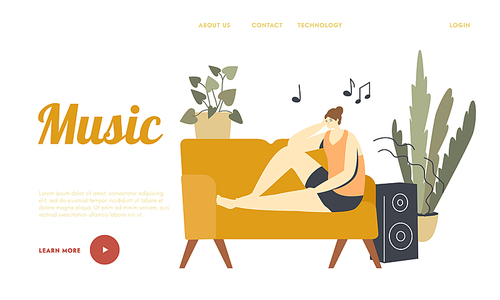 Emotional Balance, Leisure or Life Harmony Landing Page Template. Female Character Listening Relaxing Music Sit on Couch in Room with Dynamics Playing Melody, Relaxation. Linear Vector Illustration