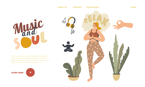 Female Character Sport Life Activity, Healthy Lifestyle, Leisure Landing Page Template. Woman Doing Yoga Exercise Standing on One Leg Listening Relaxing Music at Home. Linear Vector Illustration