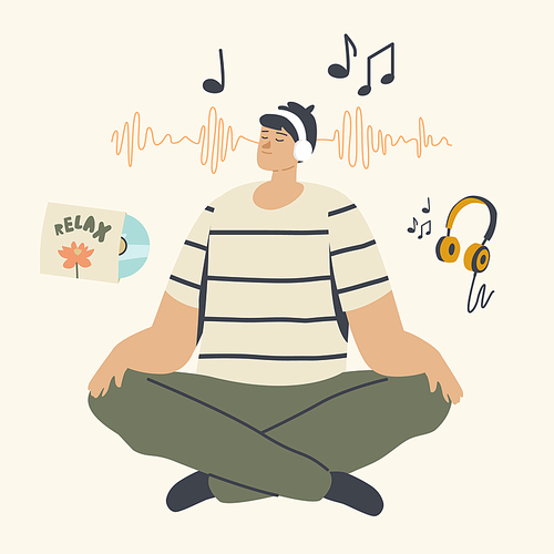 Relaxed Male Character Meditating in Headphones Listening Relaxing Music. Man Do Yoga in Lotus Pose. Healthy Lifestyle, Relaxation, Emotional Balance, Leisure, Life Harmony. Linear Vector Illustration