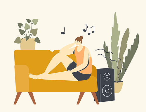 Relaxed Female Character Listening Relaxing Music. Sitting on Couch in Living Room with Dynamics Playing Melody. Relaxation, Emotional Balance, Leisure or Life Harmony. Linear Vector Illustration