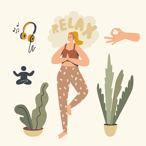 Healthy Woman Doing Yoga Asana or Aerobics Exercise Standing on One Leg Listening Relaxing Music at Home. Female Character Sport Life Activity, Healthy Lifestyle, Leisure. Linear Vector Illustration