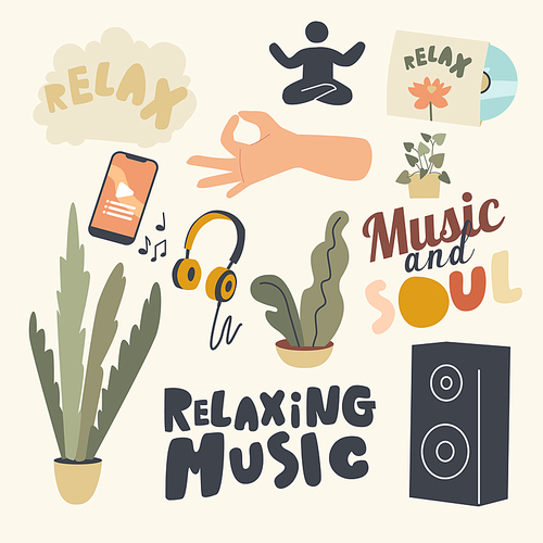 Set of Icons Relaxing Music Theme. Smartphone with Application, Headphones and Dynamics, Human Sitting in Lotus Yoga Asana, Potted Plants, Melody Notes and Cd Disk. Linear Vector Illustration
