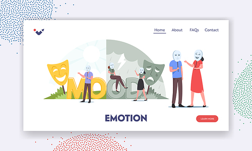 Emotion Landing Page Template. People Wear Good or Bad Mood Masks. Man and Woman in Smiling and Sad Masks. Male Female Characters Lying to Each Other, Hide Real Feelings. Cartoon Vector Illustration