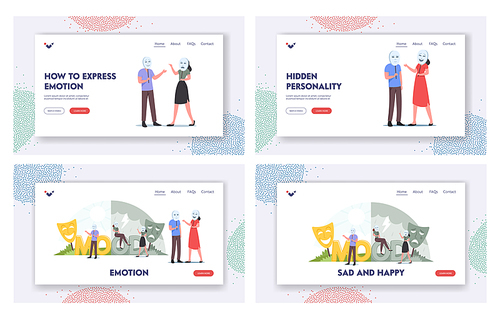 Emotion Landing Page Template Set. People in Good or Bad Mood Masks. Man and Woman in Smiling and Sad Masks. Male Female Characters Lying to Each Other, Hide Real Feelings. Cartoon Vector Illustration