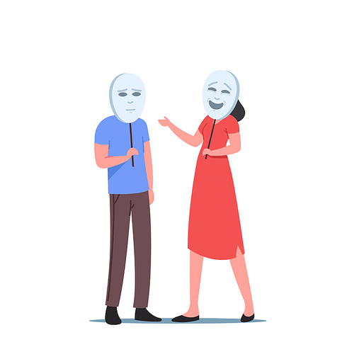 Businessman and Businesswoman Characters Hiding Face under Mask Hiding Real Emotions. Feigned Feelings, Dishonest Cheating, Faking and Betray in Business Concept. Cartoon People Vector Illustration