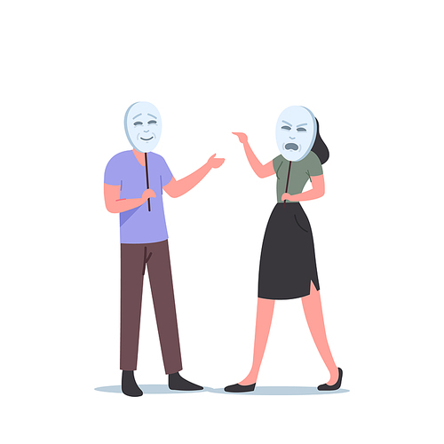 Woman Character Wear Angry Mask Scream on Man who Hide his Face. People Playing Life Roles, Hiding Emotions and Cover Faces under Masks, Hypocrisy, Insincerity Concept. Cartoon Vector Illustration