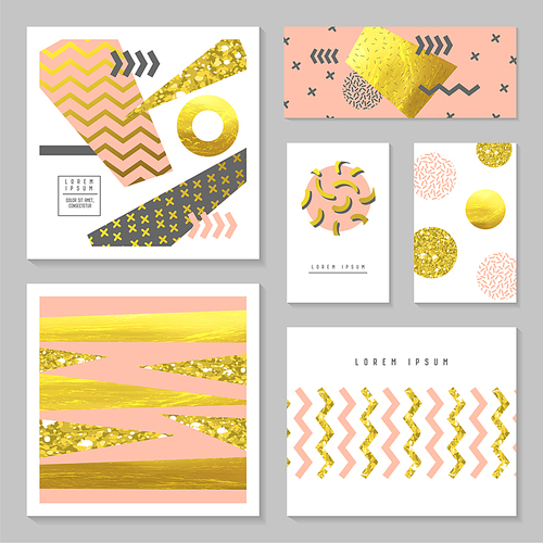 Set of Golden Glitter Gift Greeting Cards Templates. Abstract Geometric Background Design for Invitation, Poster, Placard, Cover. Vector illustration