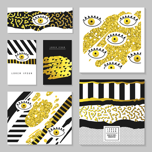 Golden Glitter Hand Drawn Design Set for Invitations, Banners, Greeting Cards. Gold Abstract Fashion Patterns with Eyes. Flyer Template, Business Brochure. Vector illustration