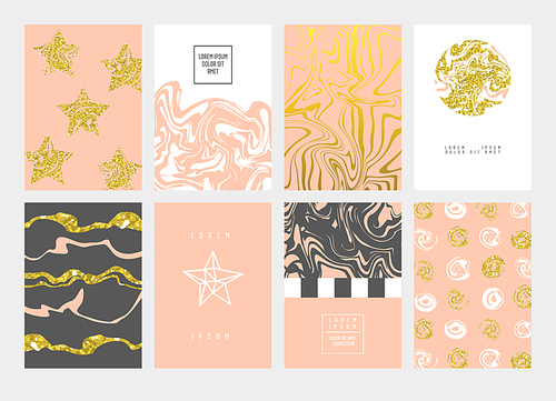 Golden Abstract Cards Design Pastel Colors. Gold Patterns for Placards, Posters, Banners. Greeting Card, Invitation Template, Business Brochure. Vector illustration