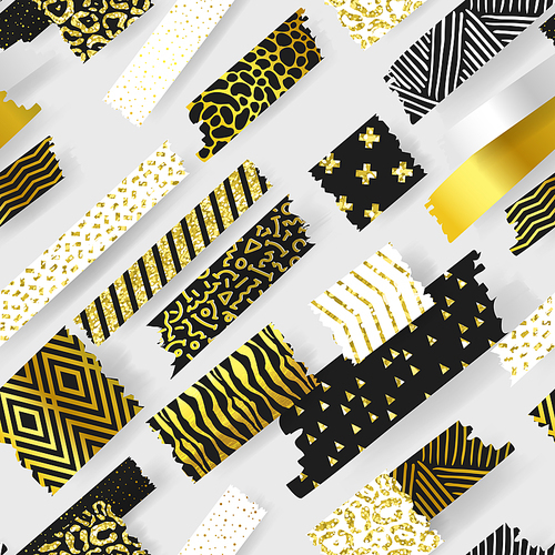 Golden Glitter Seamless Pattern with Geometric Elements and Patches. Gold Fabric Background. Vector illustration