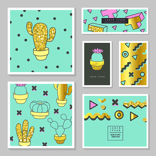 Abstract Cards with Golden Glitter Texture and Cactus. Poster Design Cover Business Brochure Template Set with Geometric Elements. Vector illustration