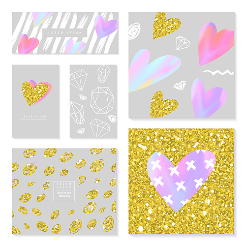 Love Greeting Cards Set with Golden Glitter Texture and Hearts for Valentines Day, Wedding, Anniversary. Vector illustration