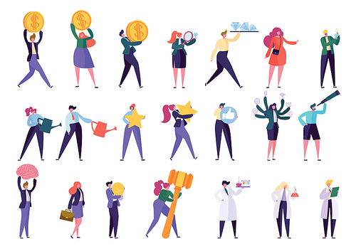 Various Profession People Career Advancement Set. Employee Work Hard for Success in Professional Activity. Different Character Manager, Scientist, Jeweler, Gardener. Flat Cartoon Vector Illustration
