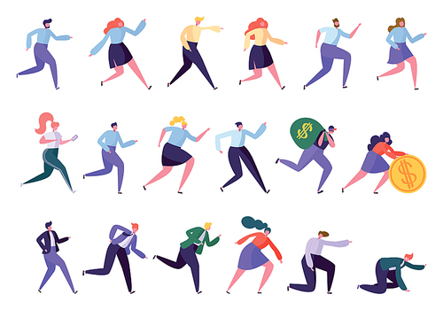 Different Running Character Reach Goal Success Set. Isolated People Run in Various Lifestyle Business Worker Leader Manager Robber Sportsman. Tired Worker Flat Cartoon Vector Illustration