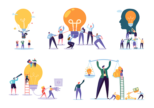 Character Working Together New Project. Business Concept Vector Illustration, Teamwork Help Achieve Idea, Light Lamp Bulb Shining, Idea Appear, Symbol Creativity Mind Thinking.