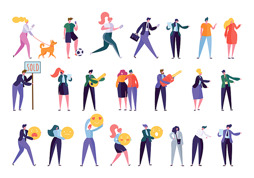 Collection Creative Various Lifestyle Character. Set Crowd of People Performing Activity - Walking Dog, Going Sport, Looking Job, Doing Business, Building Family. Flat Cartoon Vector Illustration