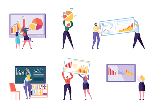 Different Character Business Analyst Set. People Make Chart and Analyzing Business Data. Flat Vector Cartoon Illustration Office Worker Working Infographic, Analysis Evolutionary Scale