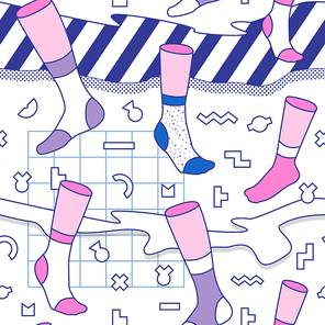 Trendy Abstract Memphis Seamless Pattern with Socks. Hand Drawn Geometric Fashion Background for Textile, Print, Cover, Poster. Vector illustration