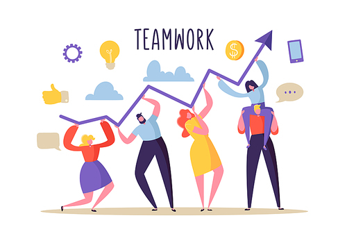 Business Teamwork Concept. Flat People Characters Working Together and Holding Graph Arrow. Financial Success, Cooperation, Banking. Vector illustration