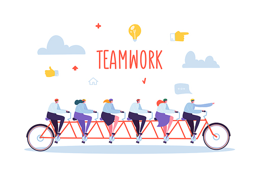 Business Team Work and Cooperation Concept. Flat People Characters Riding Six Person Tandem Bicycle. Man and Woman Collective Perfomance. Vector illustration