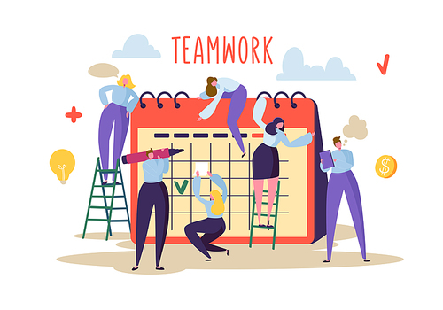 Business Teamwork Concept. Flat People Characters Working Together and Planning Schedule on Desk Calendar. Vector illustration