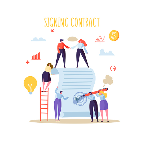 Business Characters Signing Agreement. Flat People with Signed Contract with Stamp and Signature. Cooperation, Partnership Concept. Vector illustration