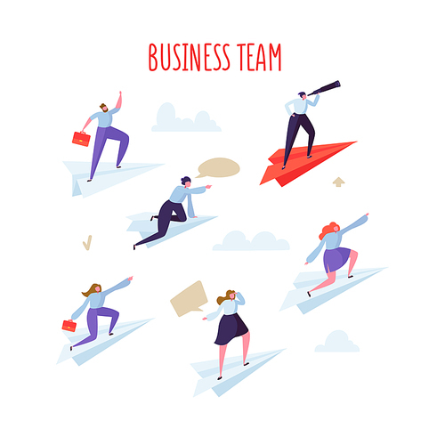 Business Team Concept. Business People Flying on Paper Planes. Leadership, Teamwork, Motivation. Vector illustration