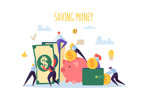 Saving Money Finance Concept. Flat People Characters Collect Money. Piggy Bank, Wealth, Budget, Earnings. Vector illustration