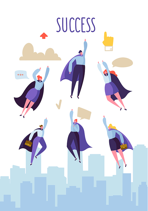 Business Leadership Concept. Flat Superhero Characters Flying to Success. Teamwork Cooperation, Goal Achievement. Vector illustration