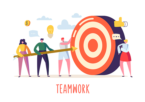 Business Teamwork Concept with Flat People Characters and Target. Goal Achievement, Motivation, Leadership, Idea. Vector illustration
