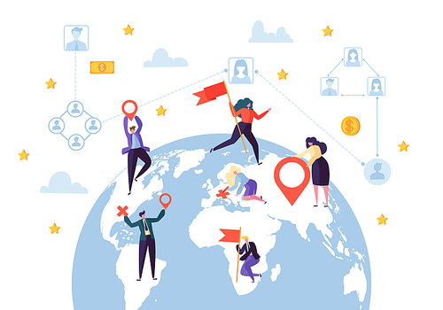 Global Business Social Profile Connection. Worldwide Businessman Communication Network Concept. Earth Globe Design. Flat Cartoon Vector Illustration