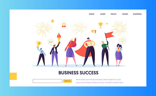 Business success, leadership, achievement landing page template. Businessman character with prize, successful teamwork for website or web page. Vector illustration