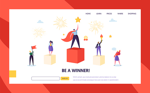 Business success, leadership, achievement landing page template. Businessman character with prize, successful teamwork for website or web page. Vector illustration