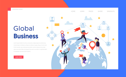 Flat Worldwide Businessman Concept Landing Page. Earth Globe Design Global Corporate Businessman Found Partnership in World Globe Website or Web Page. Flat Cartoon Vector Illustration