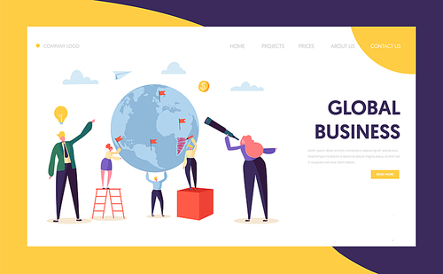 Global Business Search Opportunity Character Landing Page. Corporate Businessman Work at Earth Globe with Ladder. Worldwide Vision Concept for Website or Web Page Flat Cartoon Vector Illustration