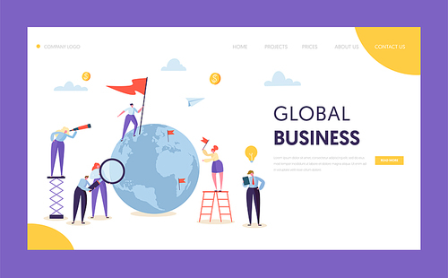 Global Business Leadership Flag Landing Page. Corporate Businessman Search Partnership in World Globe with Ladder. Worldwide Creative Idea Concept for Website or Web Page Flat Vector Illustration