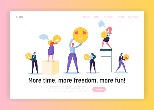 Good Teamwork Organization Concept Landing Page. Funny Male and Female Character Holding Smiley in Hand. Happy Business Manager People Website or Web Page. Flat Cartoon Vector Illustration