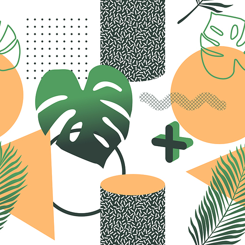 Memphis Seamless Pattern. Abstract Trendy Background Retro Style. Modern Poster, Card Design with Geometric Elements and Tropical Leaves. Vector illustration